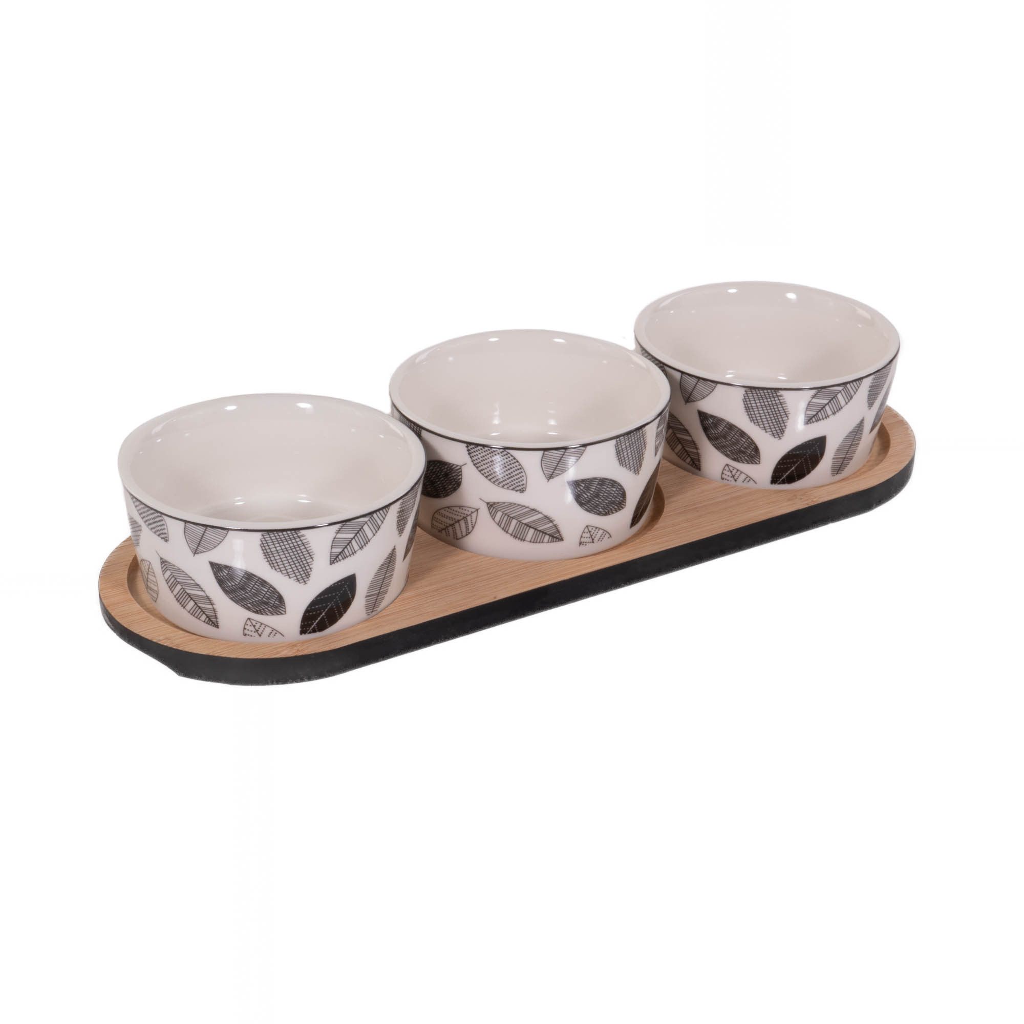 Zestaw do serwowania: taca i 3 porcelanowe naczynia