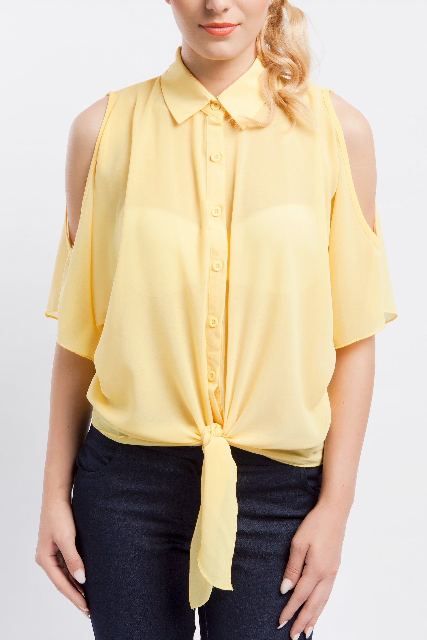 Cutie London Button-Up Cold Shoulder Tie-Front Blouse