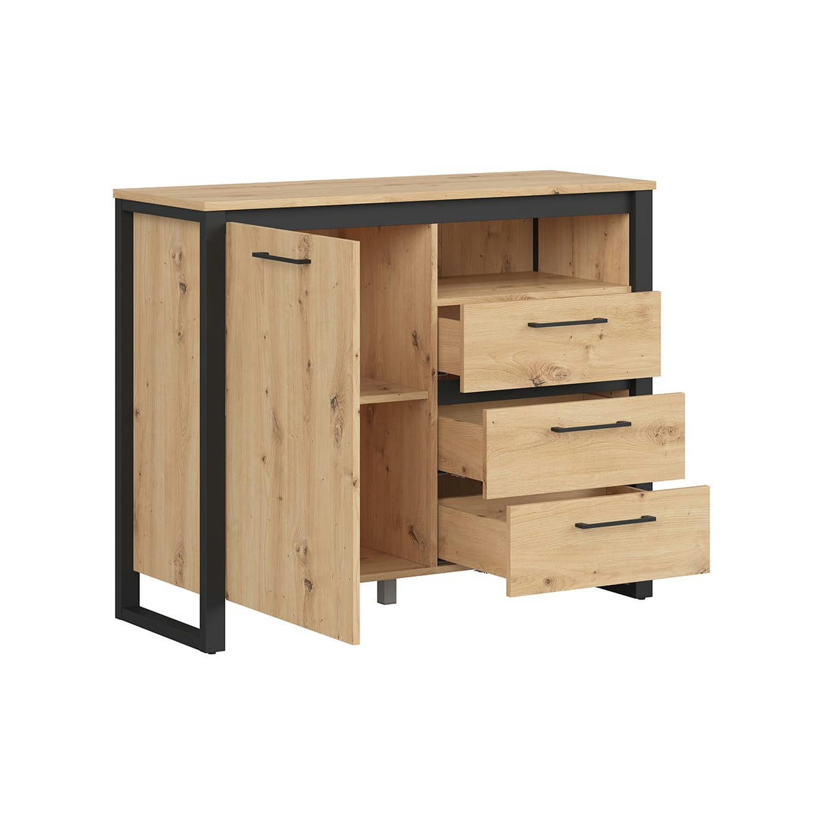 - Buffet 1 porte 3 tiroirs naturel et noir