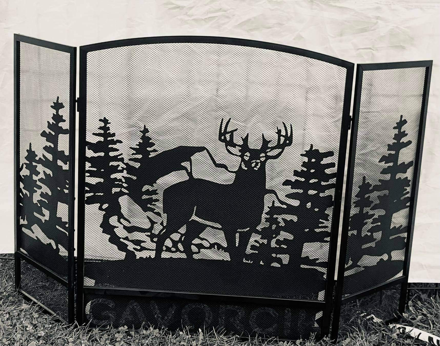 Deer Fireplace Screen – Rustic Mesh 3 Panel – Personalized or Plain – Cabin Lodge Decor – Free Shipping