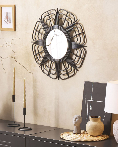 Lustro ścienne kształt słońca rattan 60 cm czarne