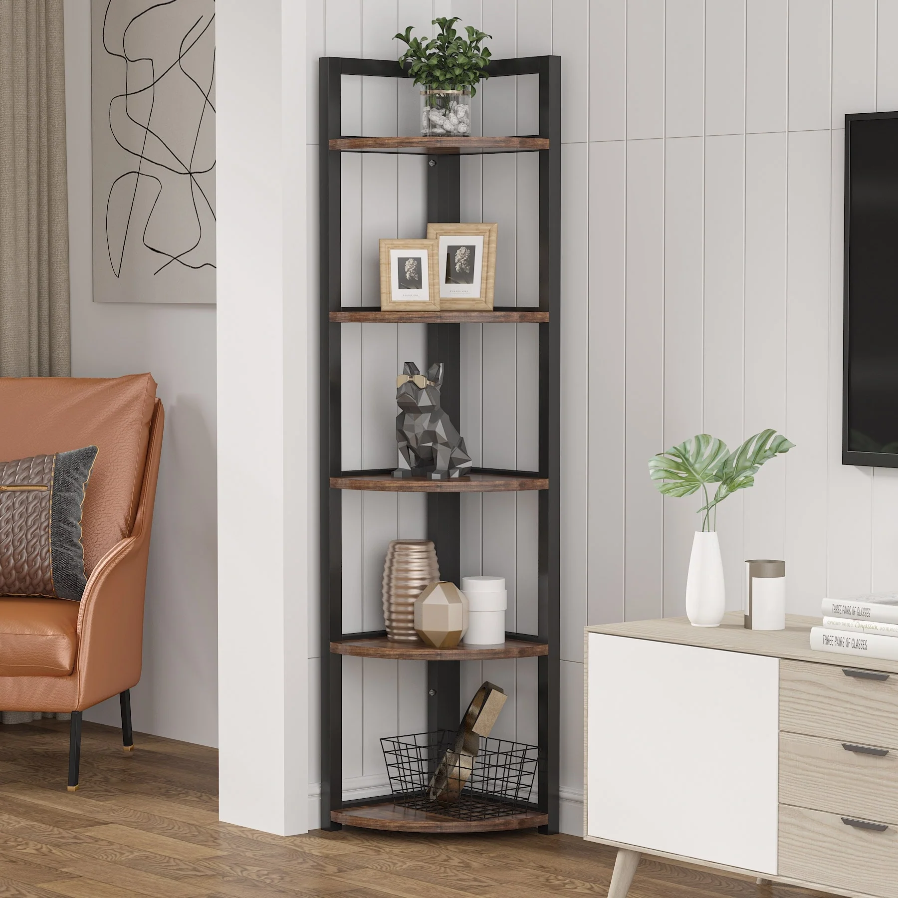 5 Tier Corner Shelves, Rustic Industrial Corner Bookshelf Bookcase