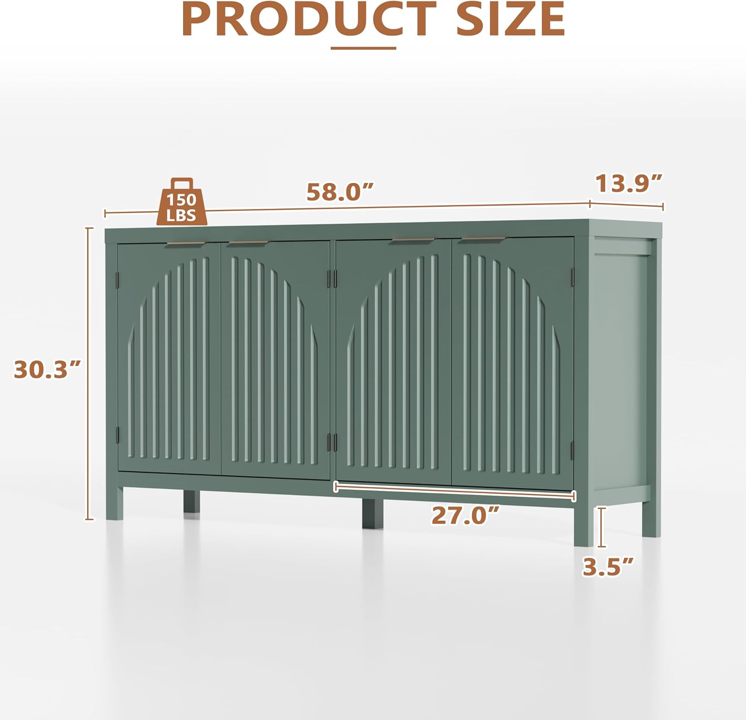 Fluted Sideboard Buffet Cabinet with Storage, 58 Mid Century Modern Accent Cabinet with Arch Doors, Large Wood Media TV Console Table Credenza for Dining Room, Kitchen, Living Room Entryway, Green