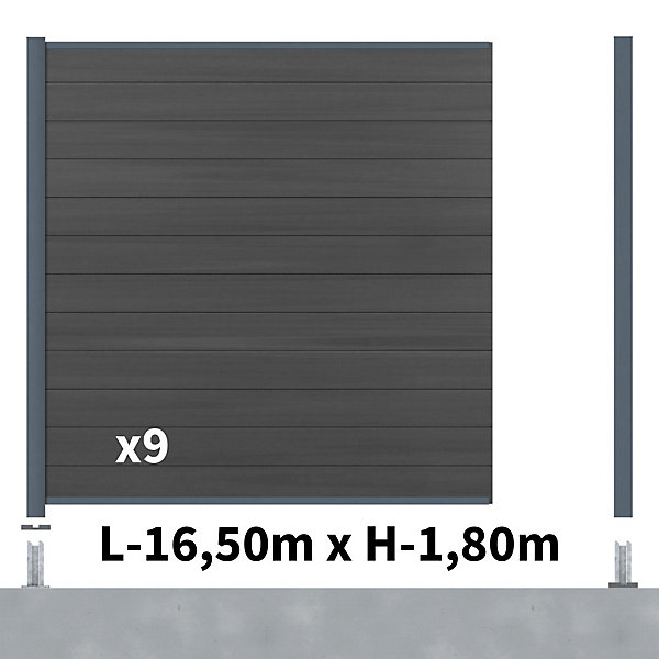 Kit Clôture Composite CRUZ Ardoise 16,5x1,8m - Bois composite &Aluminium - Poteaux sur Platines Gris - Brise vue - Palissade