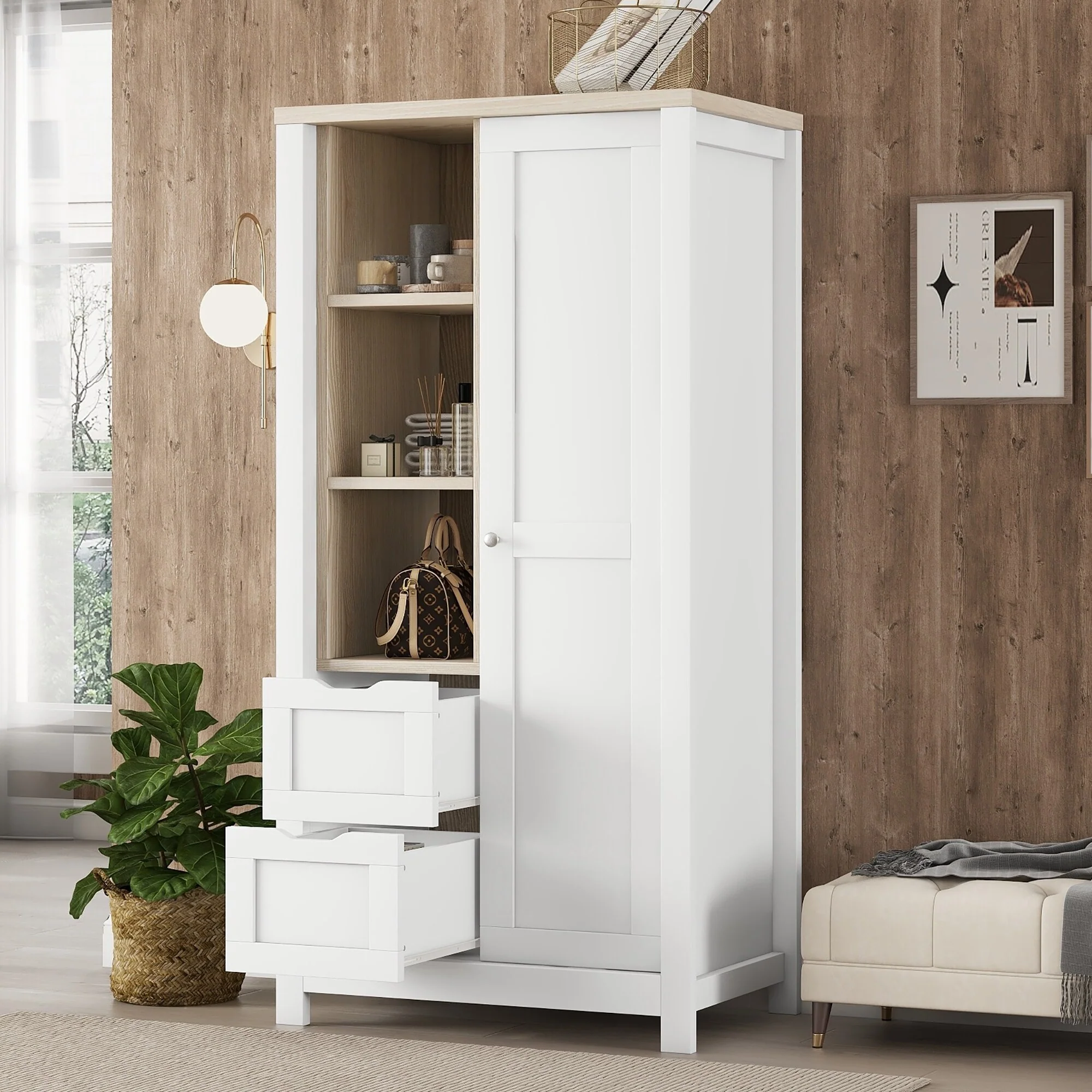 Wood Storage Cabinet, Sliding Door Tall Chest Armoires with Hanging Rods, 2 Drawers & Open Shelves, Storage Wardrobe for Bedroom