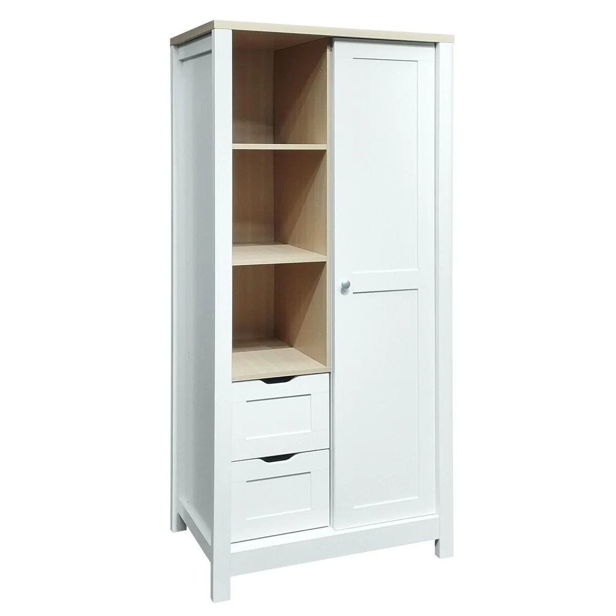 Bedroom Storage Wardrobe with Hanging Rods and 2 Drawers and Open Shelves, Sliding Door, White