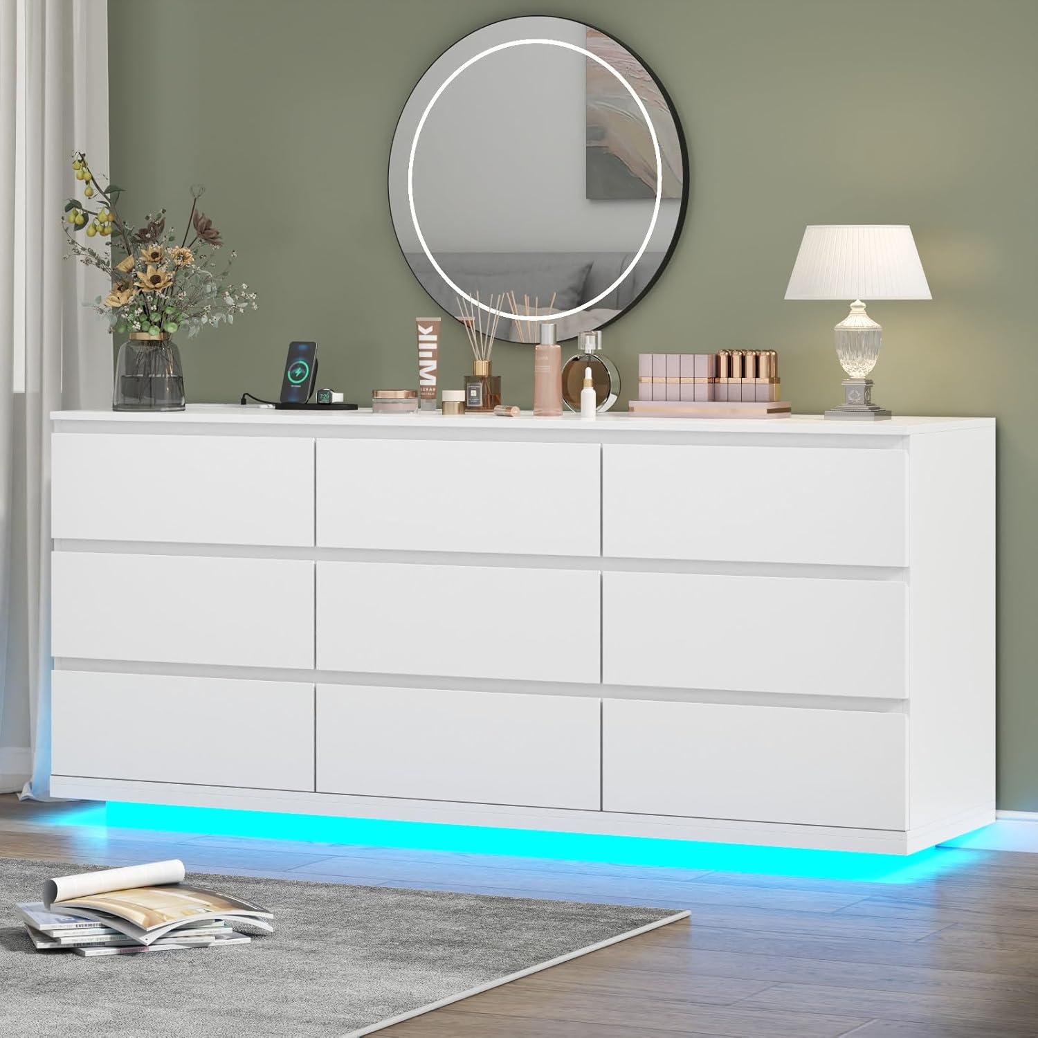 9 Drawer Dresser with Power Outlet, Floating White Dresser Chest of Drawer with LED Light,Modern Double Wide Drawer Organizer Cabinet for Bedroom,Living Room (9 Drawer-White)