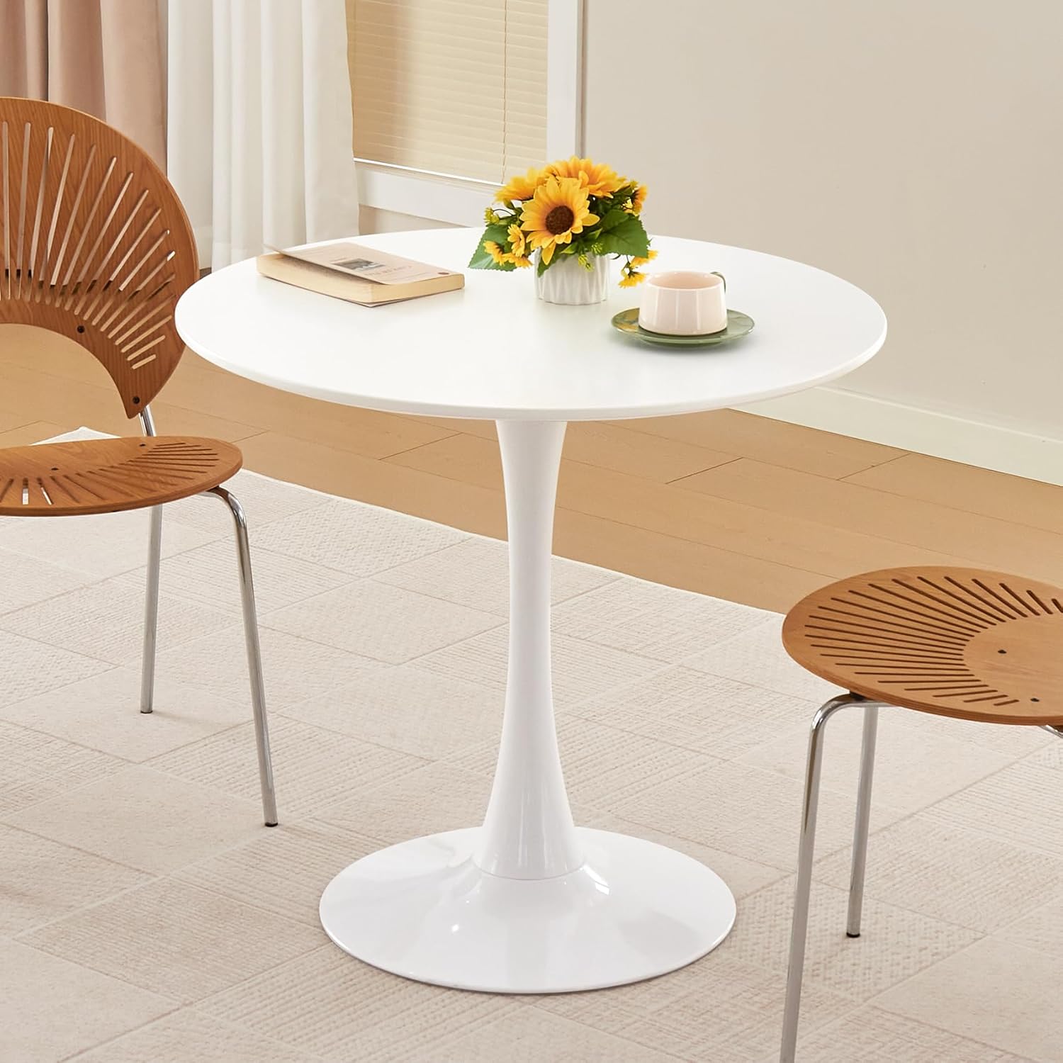 Round Dining Table, 31.5 Circle Tulip Table with Thickened Tabletop & Metal Pedestal, Mid Century Modern Bistro Table for Kitchen, Small Places, Living Room, Cafe (White)