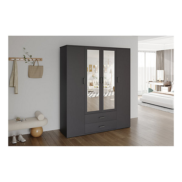 Armoire TOM4 portes avec miroirsColoris gris anthraciteL160 cmDesign moderne et grand rangement