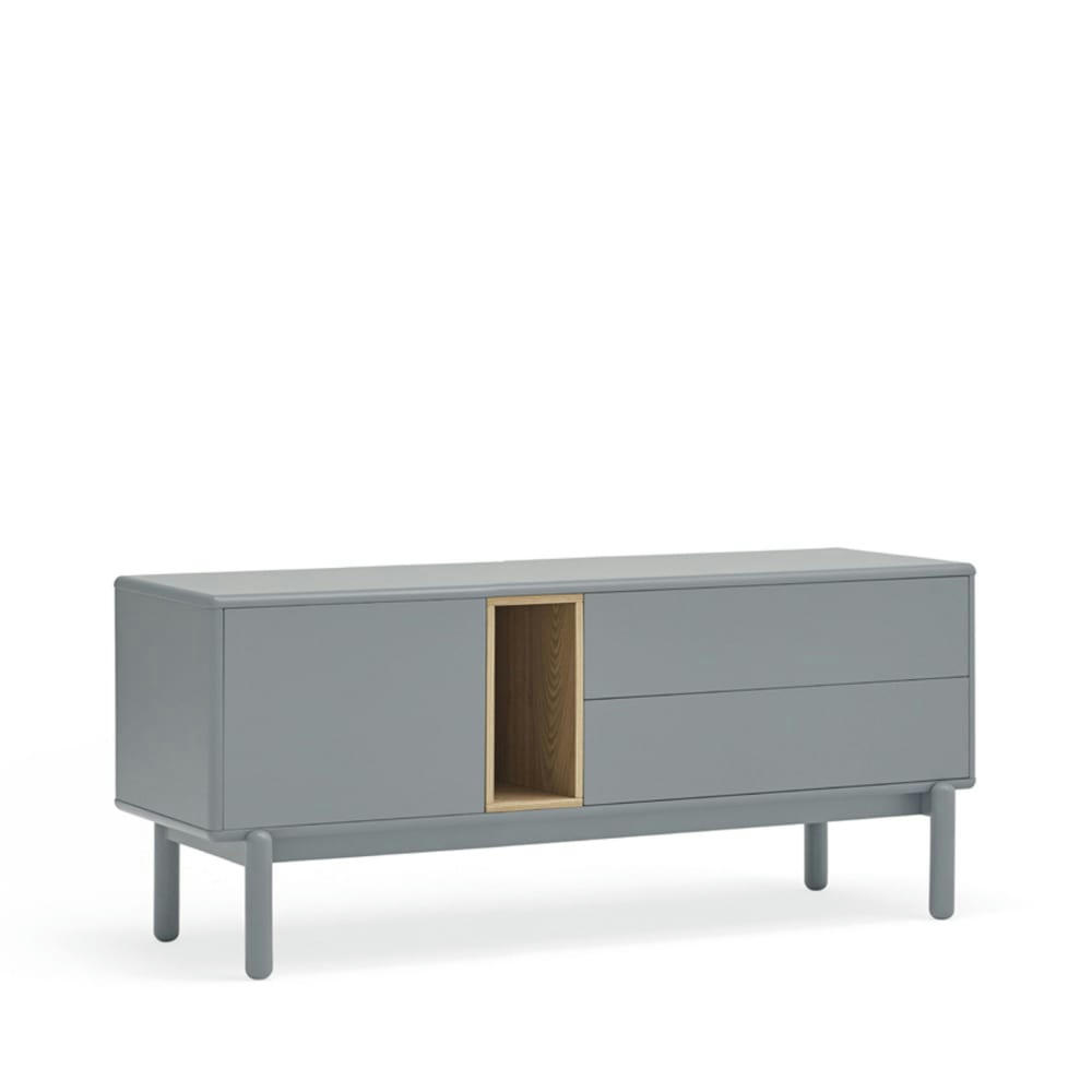 CORVO - Meuble tv 1 porte 1 niche et tiroir en bois L140cm gris perle