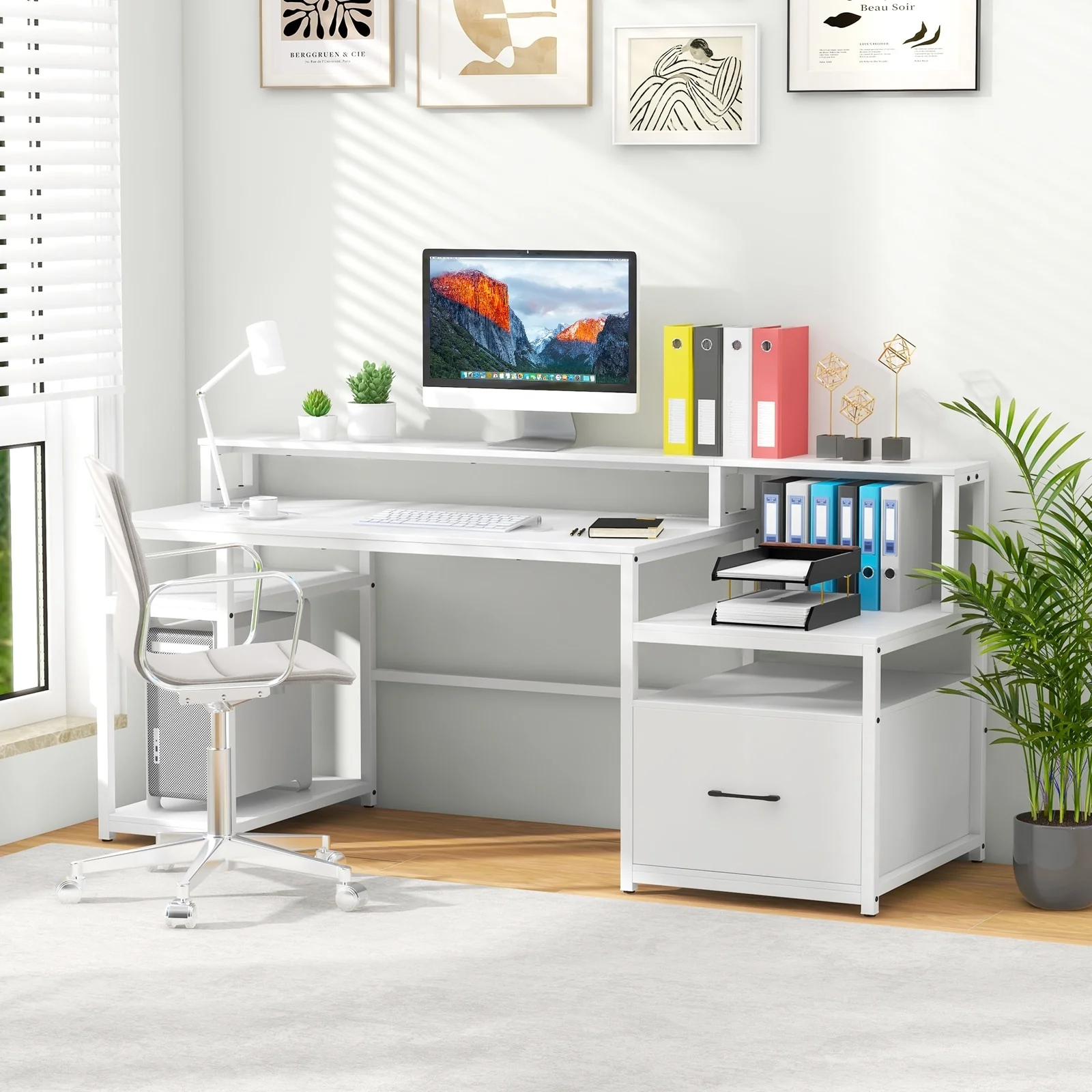 67 Inch Computer Desk with Monitor Shelf File Drawer and Charging Station