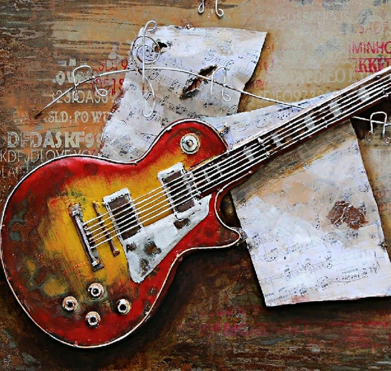 MÉTAL BRASS - Tableau relief en métal guitare colorée 120x80