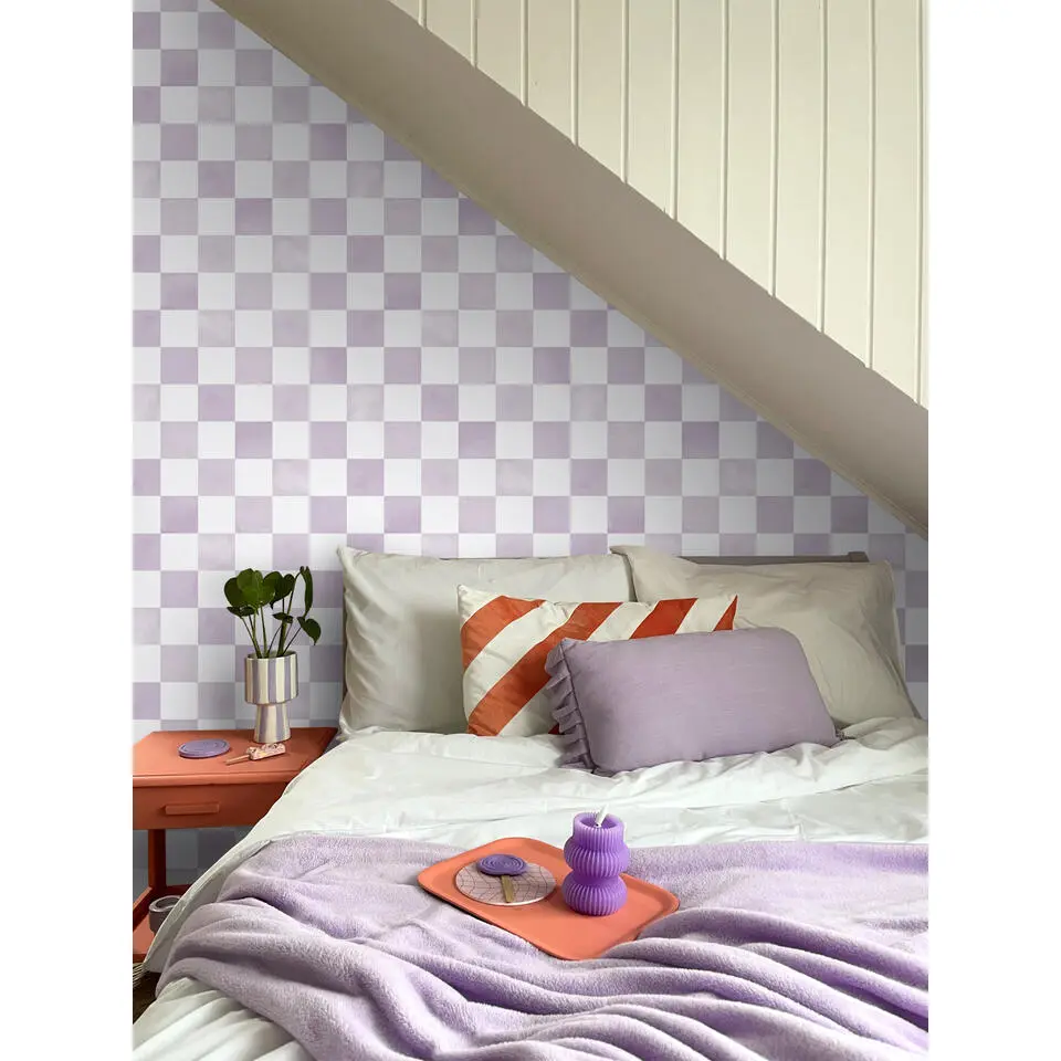 ESTAhome behang geblokt motief lila paars en wit - 53 cm x 10.05 m