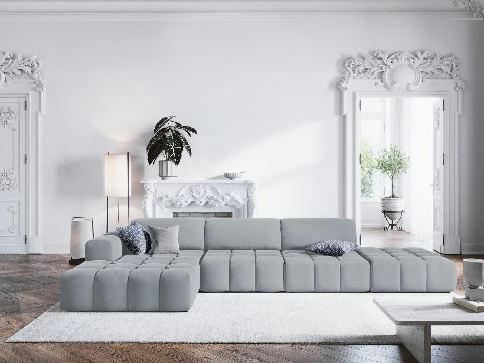 LUC - Canapé d'angle gauche 5 places en tissu velours bleu clair