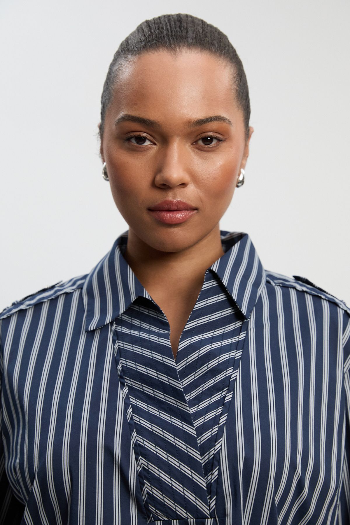 KarenMillen Forever Plus Size Stripe Boxy Cotton Placket Detail Woven Shirt