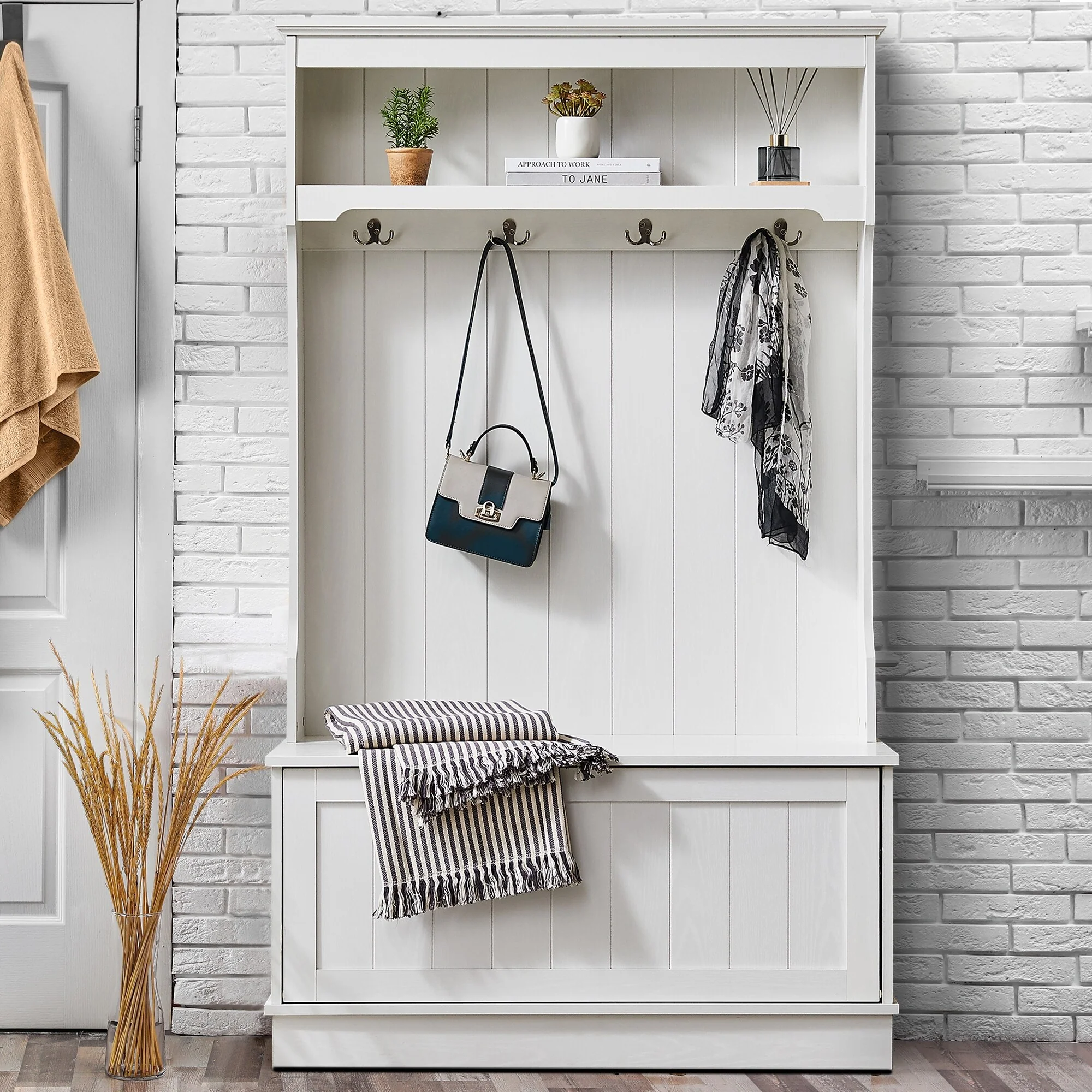 Entryway White Hall Tree with Shoe Storage Bench and 4 Hooks