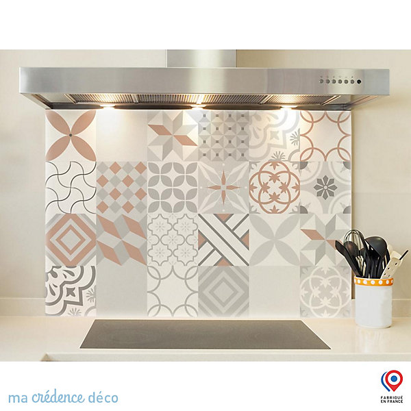 Crédence cuisine fond de hotte Carreaux ciment rouge - Verre trempé - L 90 cm x H 70 cm - MaCrédenceDéco