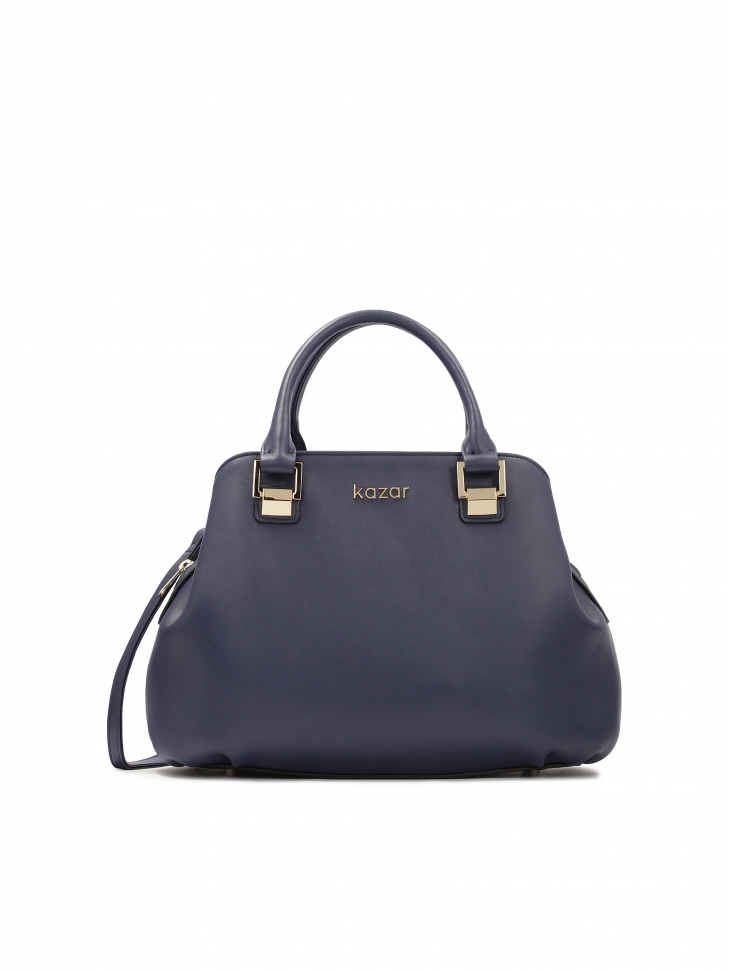 Navy blue leather handbag with hand grips