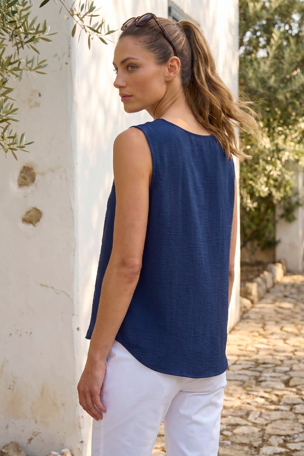 Roman Petite V-Neck Front Button Blouse