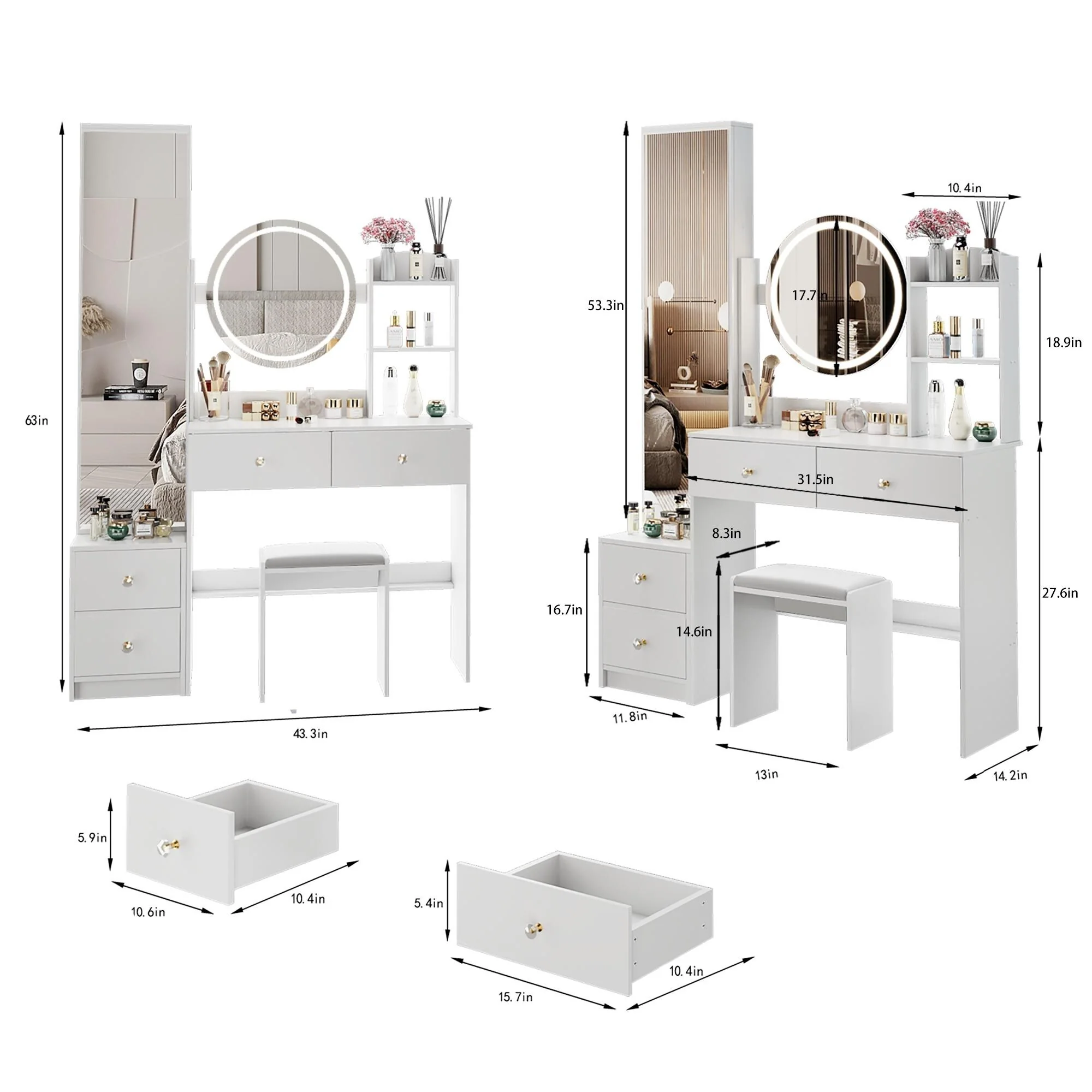 Round Mirror LED Vanity Table, Dresser Set with Full Body Mirror Cabinet & Cushioned Stool, Makeup Cabinet with Touch Control