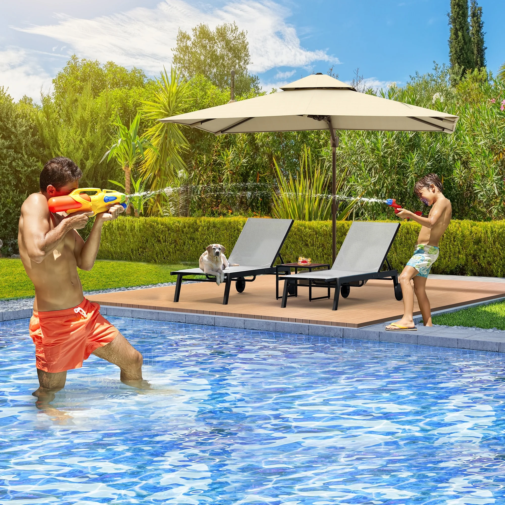 Outdoor Metal Chaise Lounge - Set of 2 with Table - N/A