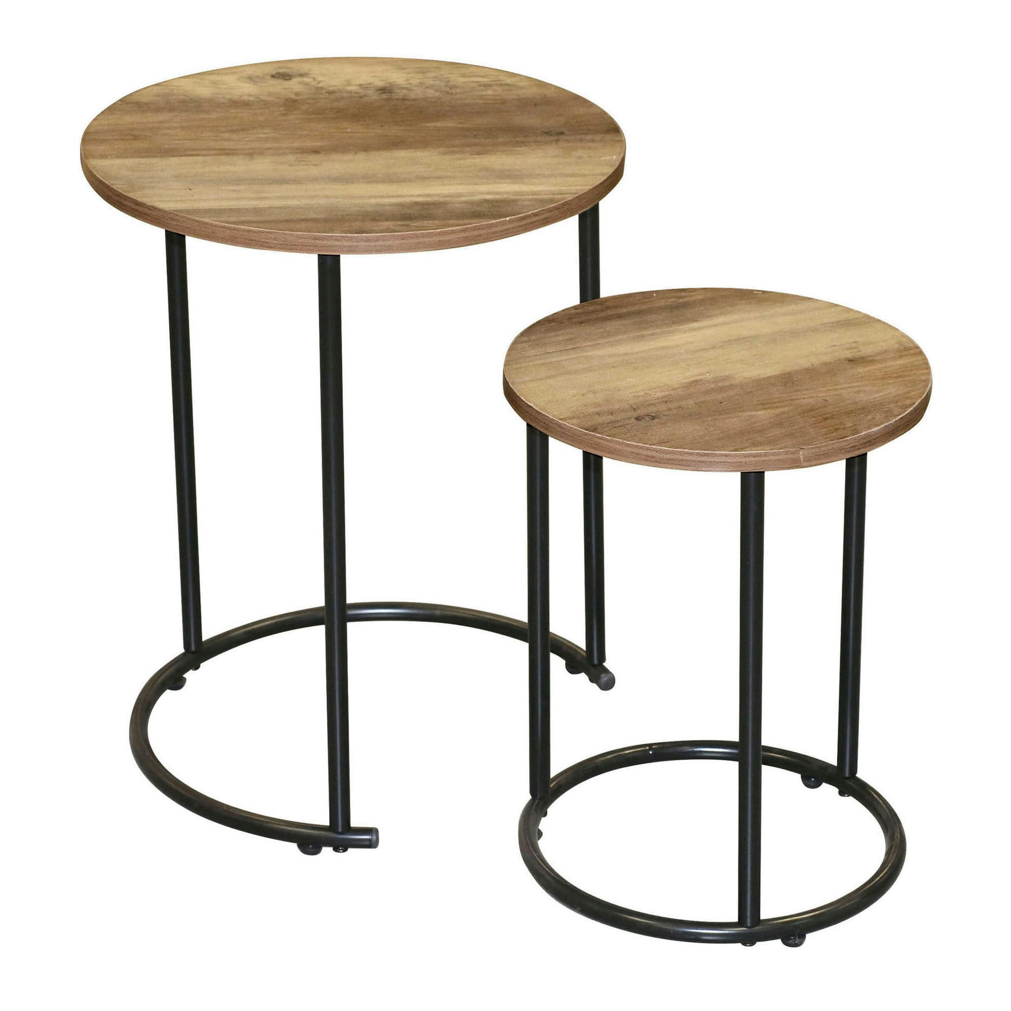 - Set de 2 tables d'appoint rondes gigognes en bois et métal noir