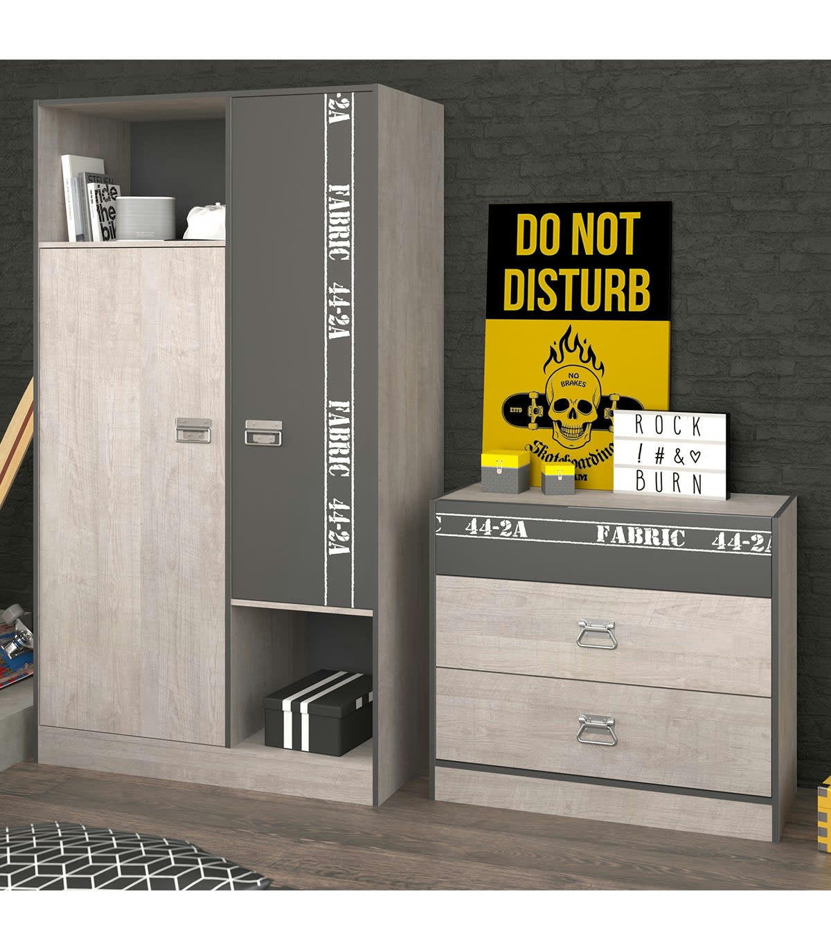 FABRIC - Armoire 2 Portes avec Penderie style Loft L101.4 cm - Gris et noir