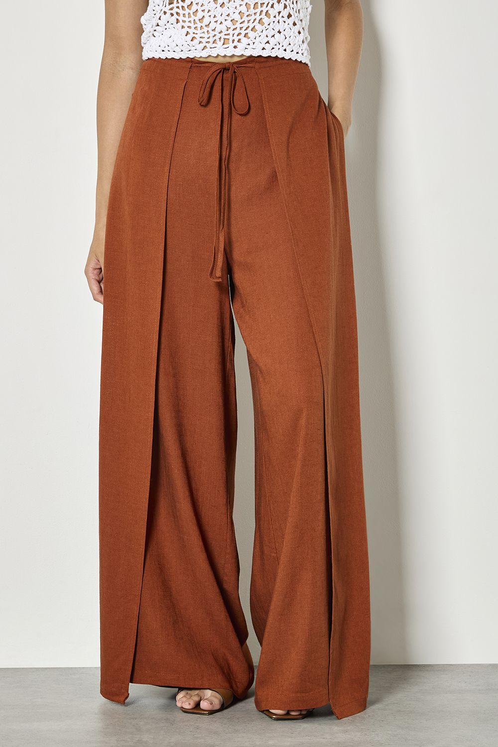 Apricot Linen Blend Wrap Wide-Leg Trousers