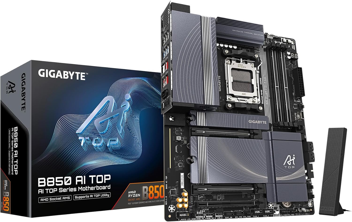 GIGABYTE B850 AI TOP AMD AM5 ATX Motherboard, Support AMD Ryzen 9000/8000/7000 Series, DDR5, 16+2+2 Power Phase, 3X M.2, PCIe 5.0, USB-C, WIFI7, 10GbE, EZ-Latch, 5-Year Warranty