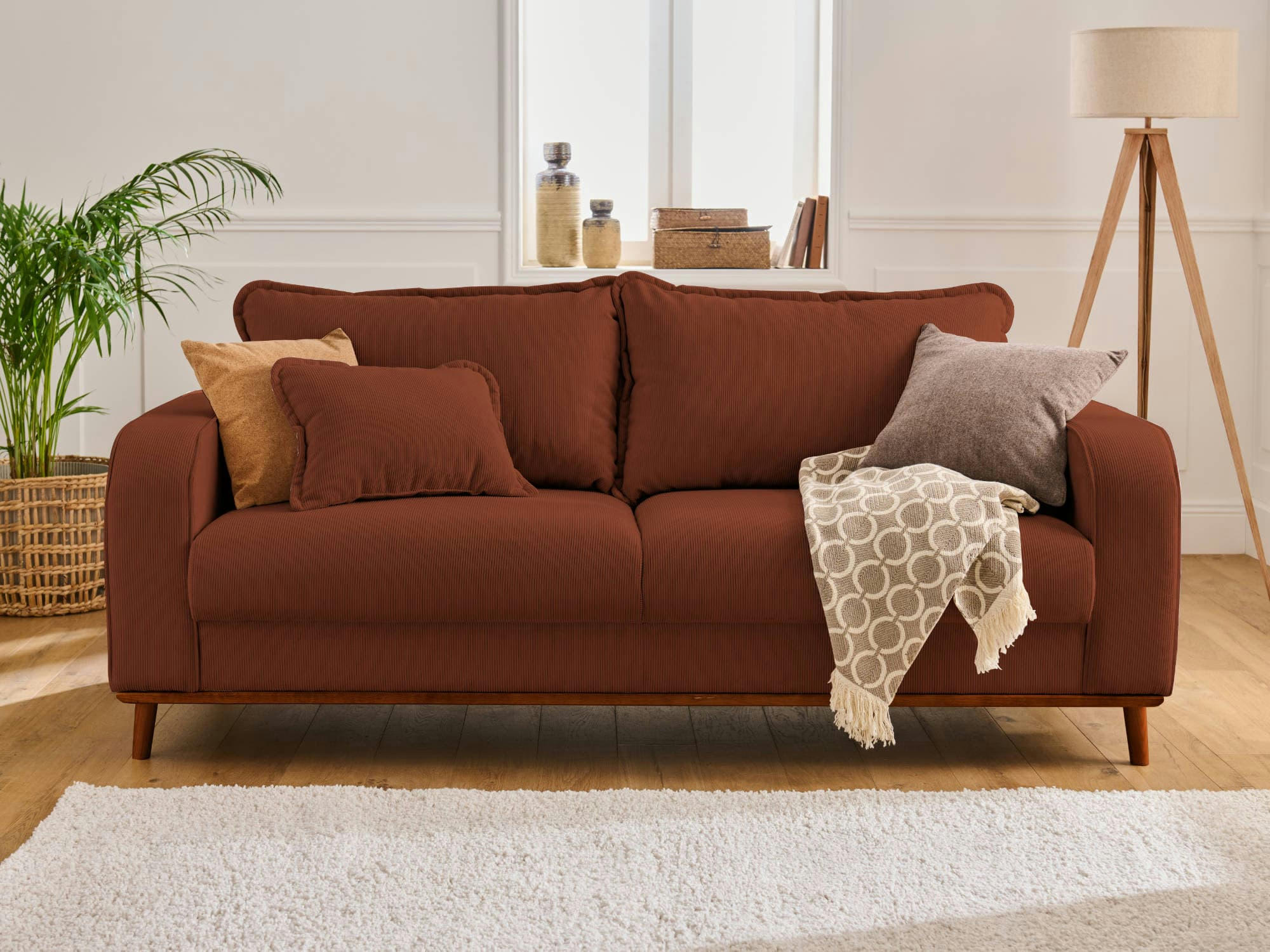 BILLIE - Canapé droit 3 places en velours côtelé rouille