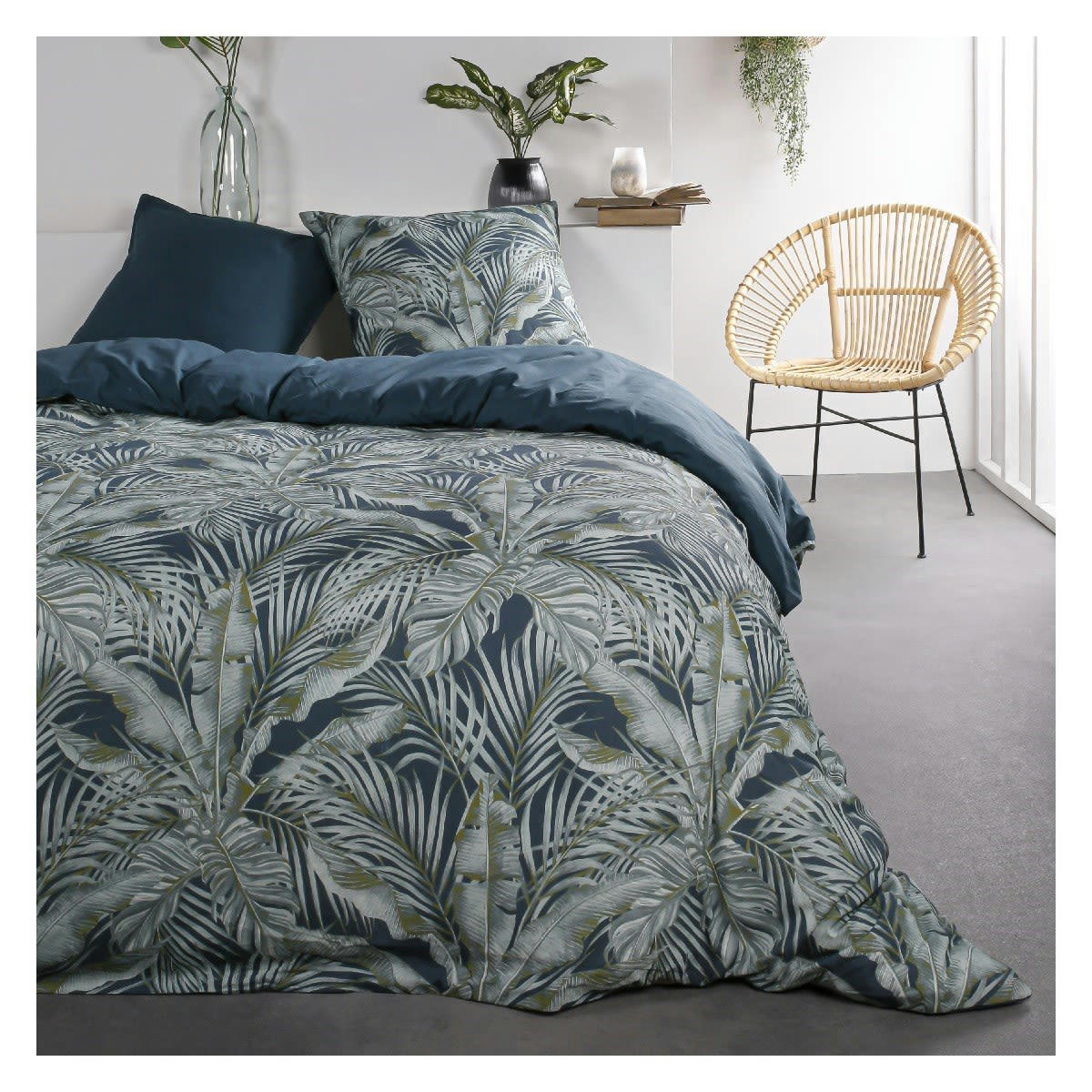 SUNSHINE - Parure de lit 2 personnes imprimé jungle en Coton Bleu 240x260 cm
