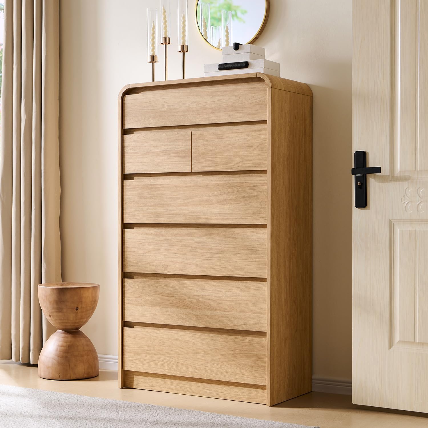 Modern 7 Drawers Dresser for Bedroom, 55 Tall Dressers & Chest of Drawers w/Curved Profile Design, Wood Mid Century Vertical Storage Dressers Organizer for Bedroom, Living Room, Natural Oak
