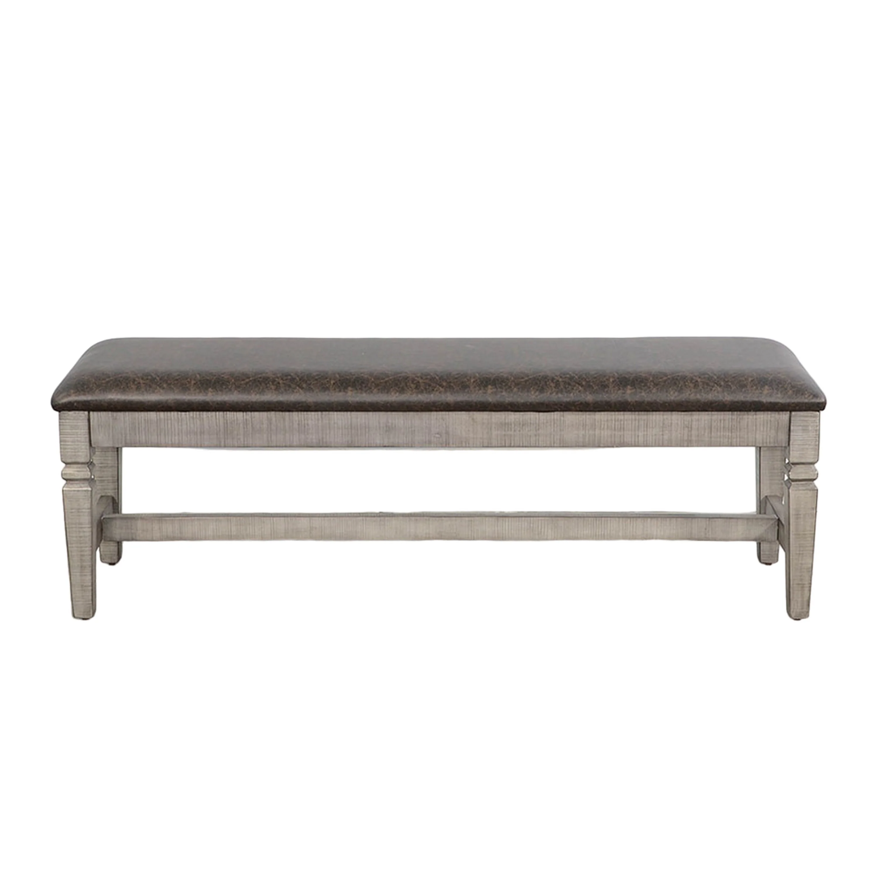Camie Dining Bench, 56 Inch Faux Leather Seat, Gray Mahogany Wood