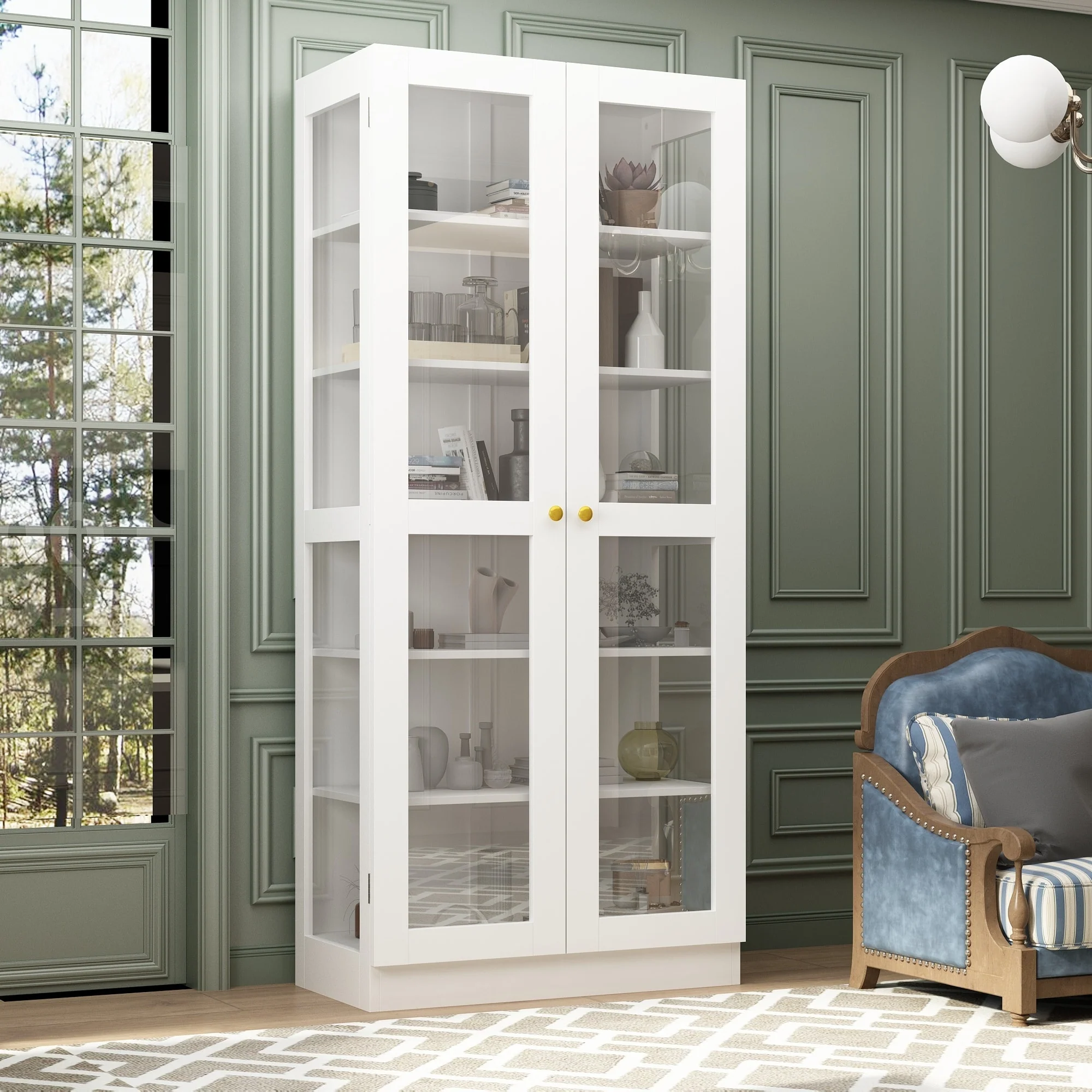 Bookcase Display Cupboard Curio Cabinet 2 Glass Door White Lacquer - 70.9Hx31.5W