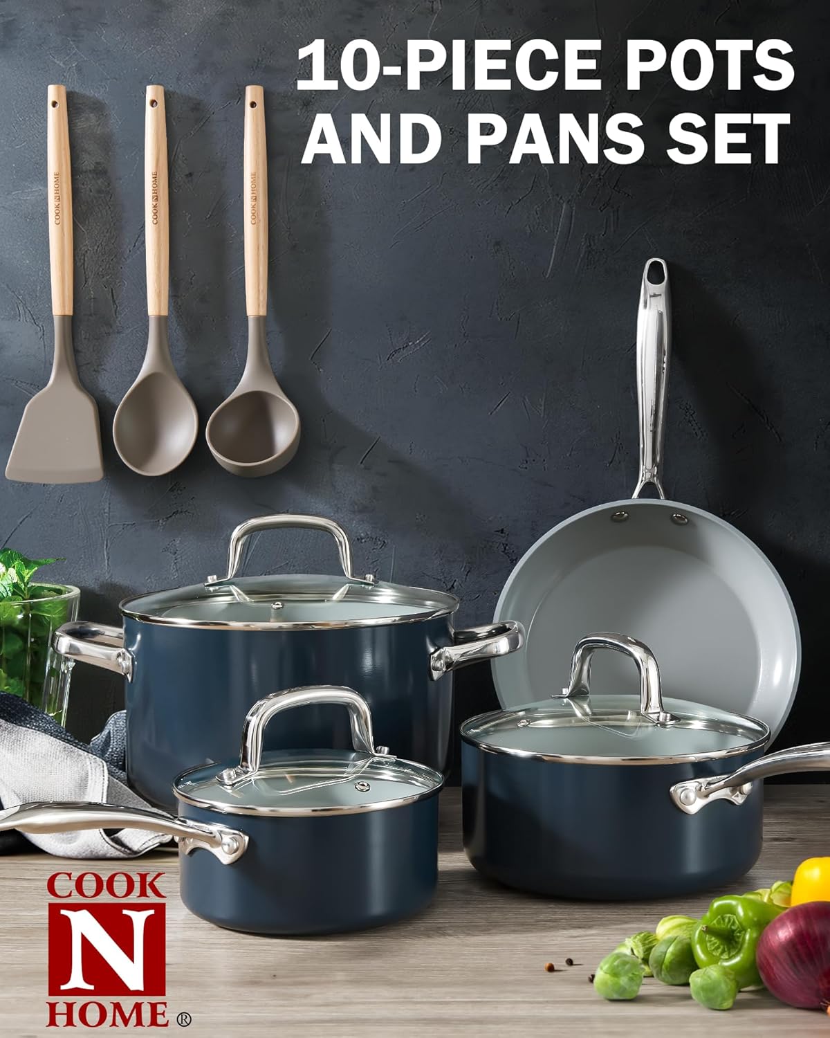 Cook N Home 10 Pcs Ceramic Pots and Pans Cookware Set, Non Stick & Non-Toxic Health Kitchen Cook Ware Sets, Blue