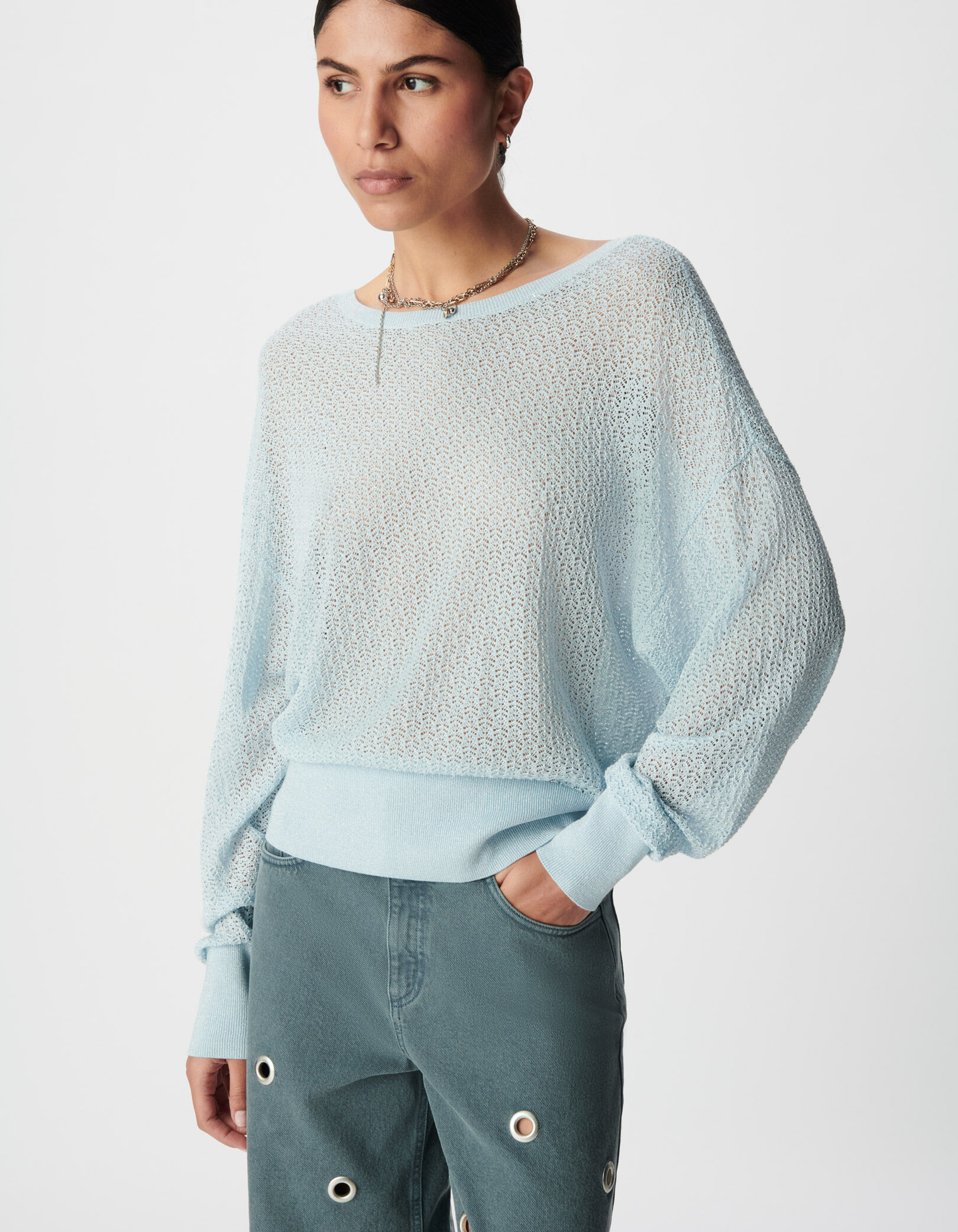 Pull chic beige tricot fantaisie pailleté ajouré Femme
