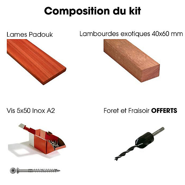 Kit terrasse complet - PADOUK - Ep.21 mm x l.145 mm - L.1,80 m/ 40 m²