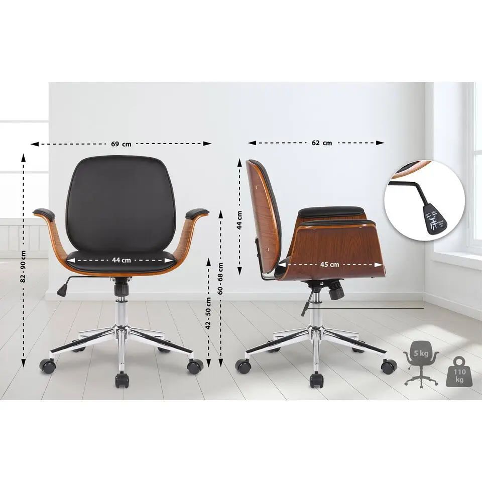 CLP Bureaustoel Kemberg chroom Frame - Hout - walnoot/zwart