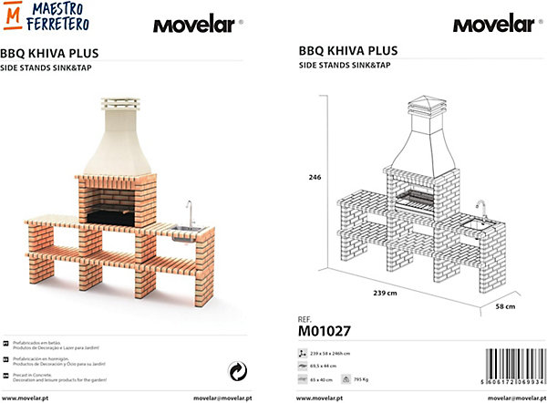 MOVELAR - Module pour Barbecue en Béton KHIVA PLUS avec 2 étagères et Brasero (Orange/Beige - 239x58x246 cm) M01027 - Extérieur