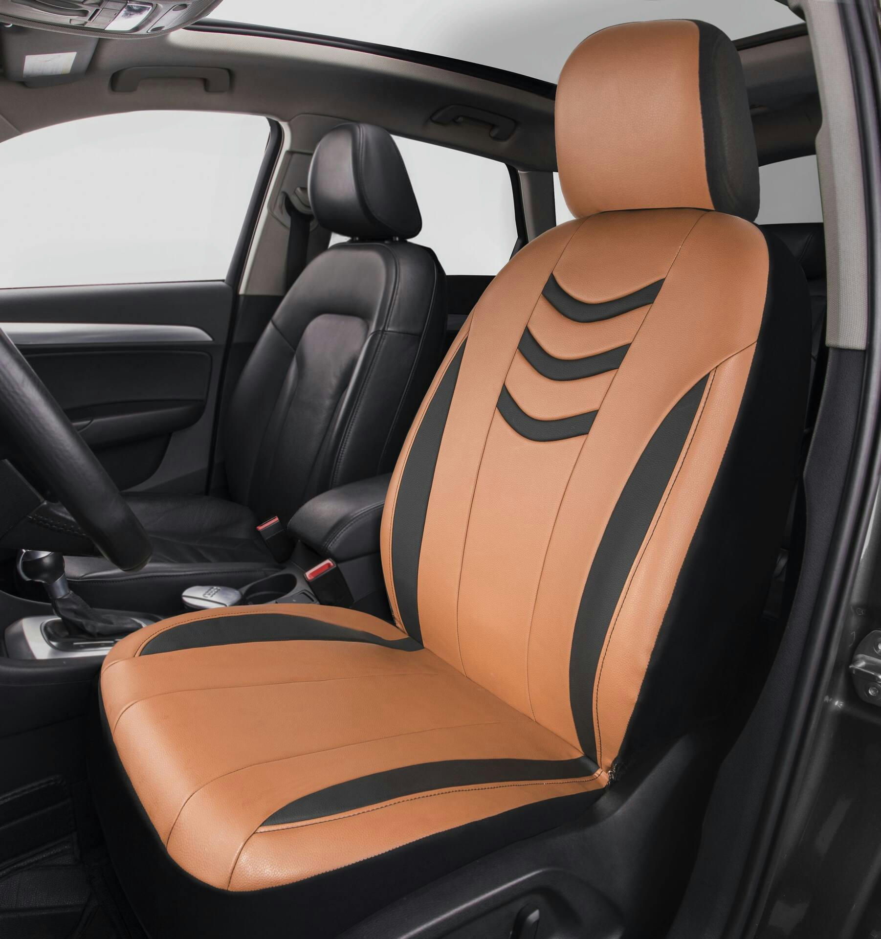 AutoTrends Luxury Sport Leatherette Faux Leather Seat Cover, Tan & Black