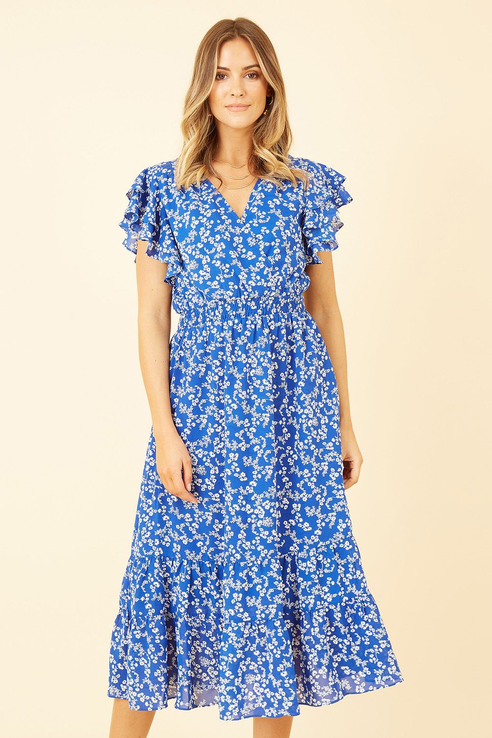 Yumi Blue Ditsy Print Midi Dress With Frill Sleeve