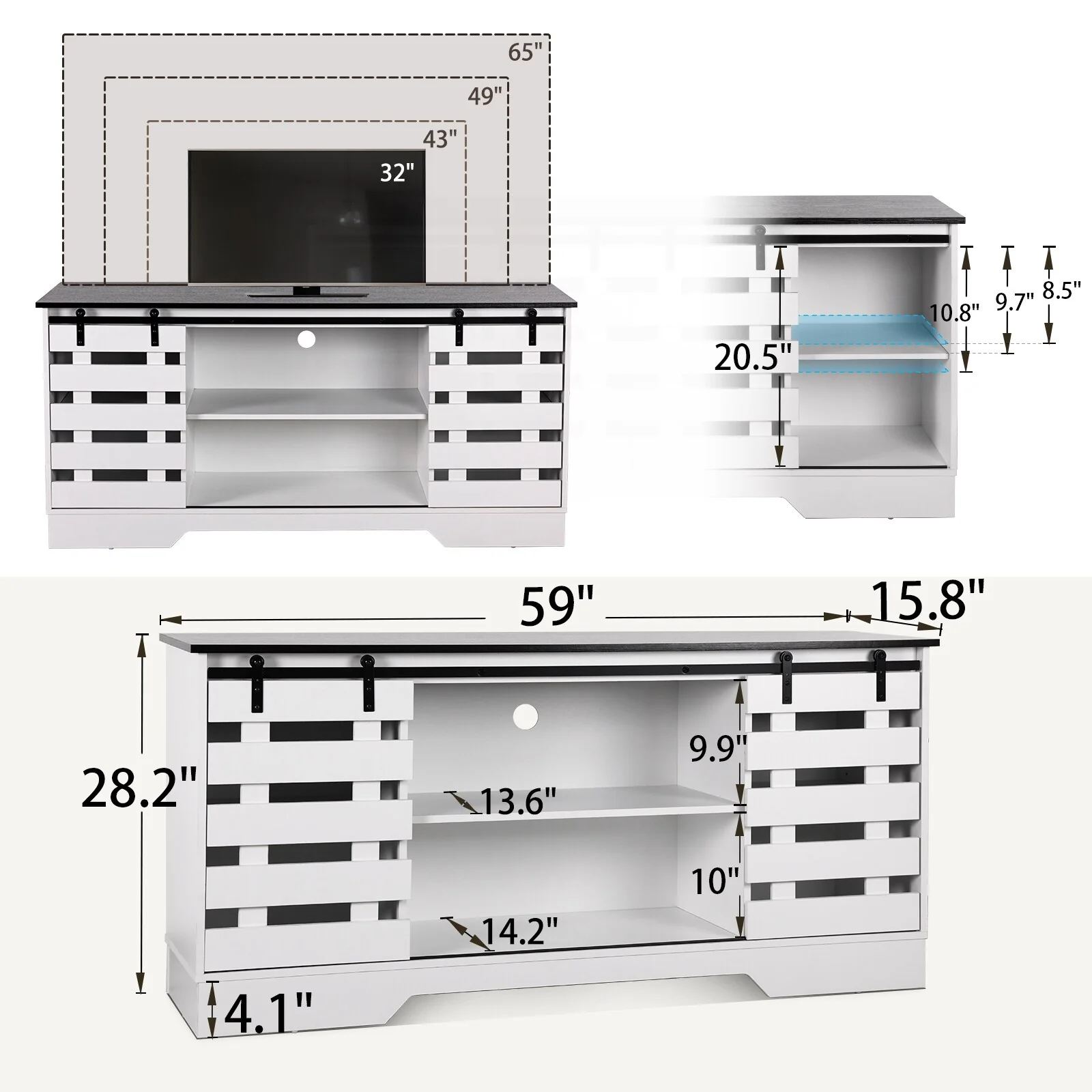 White 59 Farmhouse TV Stand with Adjustable Shelf for TVs Up to 65