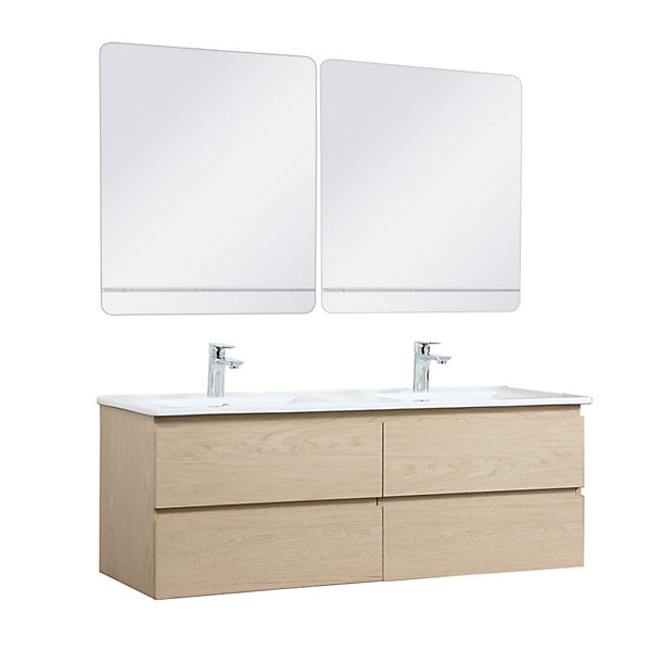 Meuble double vasque 120cm avec plan céramique SORRENTO Décor chêne   miroir