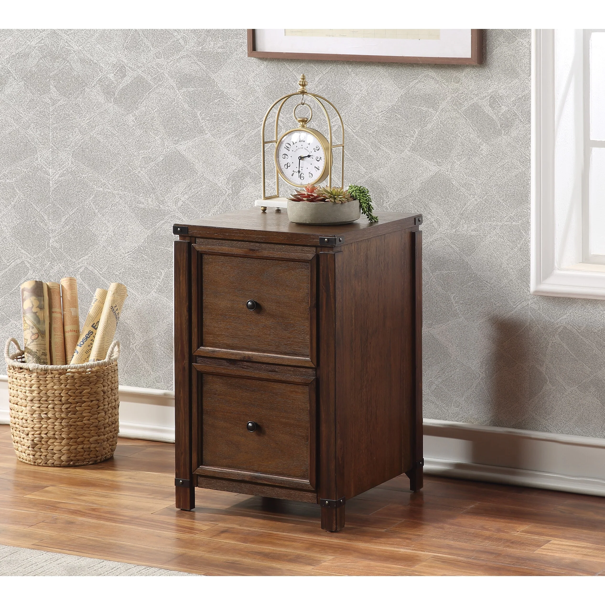 OS Home & Office Furniture Two Drawer File Cabinet in Brushed Walnut Wood Veneer