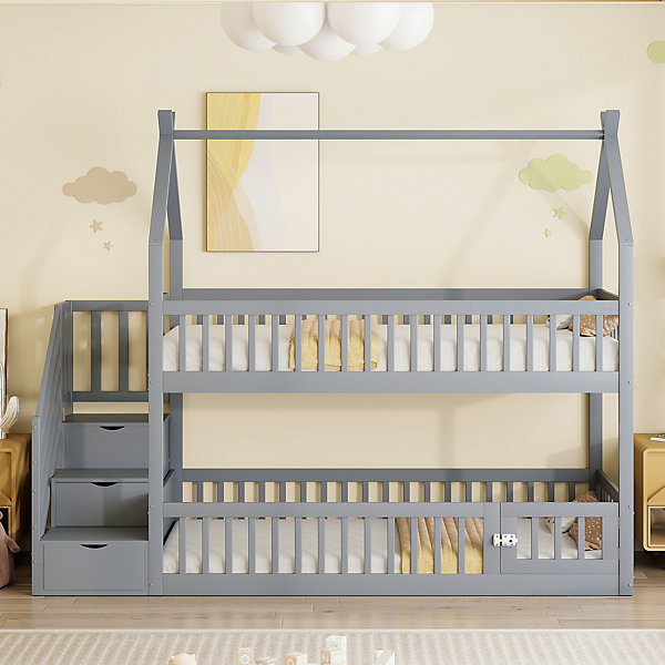 Lit superposé 90x200 cm - Lit enfant avec Rangement et Toit, échelle de Sécurité et Garde-Corps, Sans Matelas - Bois Massif Gris