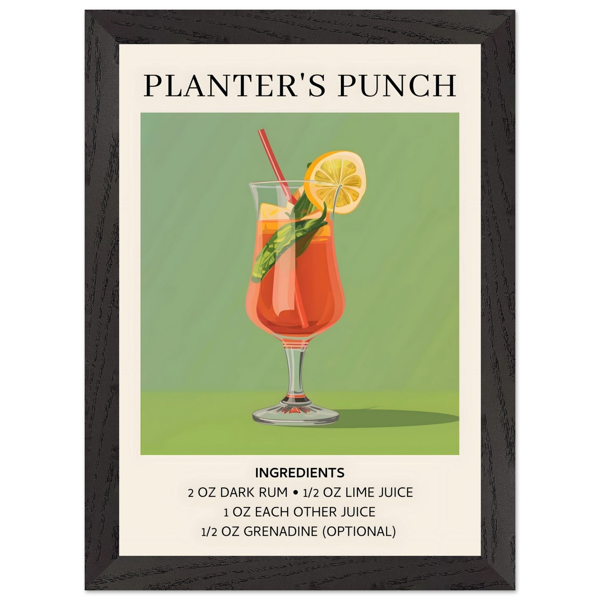 Artfulprints Poster met Lijst Planter's Punch cocktail - Ingrediënten  - A4 21x29.7 cm - Groen