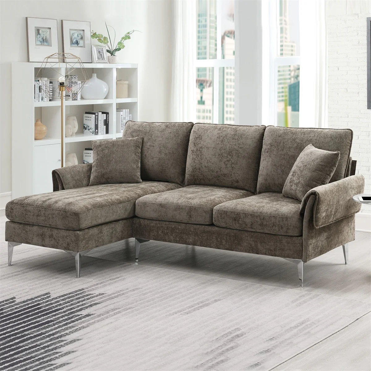 Merax Modern Chenille L-Shaped Sofa Couch with Reversible Chaise Lounge