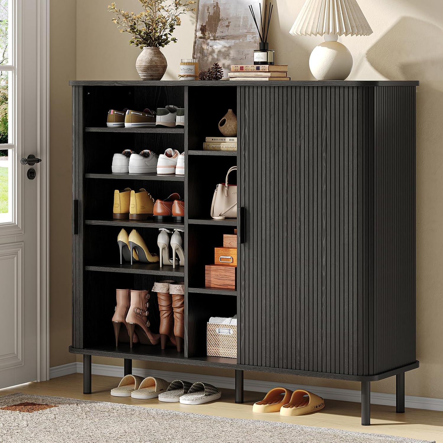 ONBRILL 43 Tall Fluted Shoe Cabinet with 8 Adjustable Shelves, Shoe Storage Cabinet with Sliding Door and 4 Open Shelves, Mid-Century Modern Shoe Organizer for Entryway, Hallway, Living Room, Black