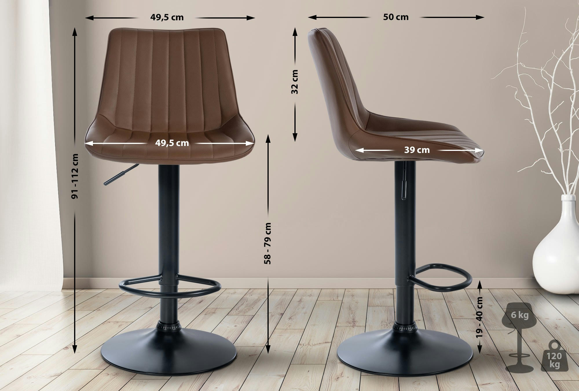 TONI - Tabouret de bar similicuir ajustable pivotant similicuir Marron