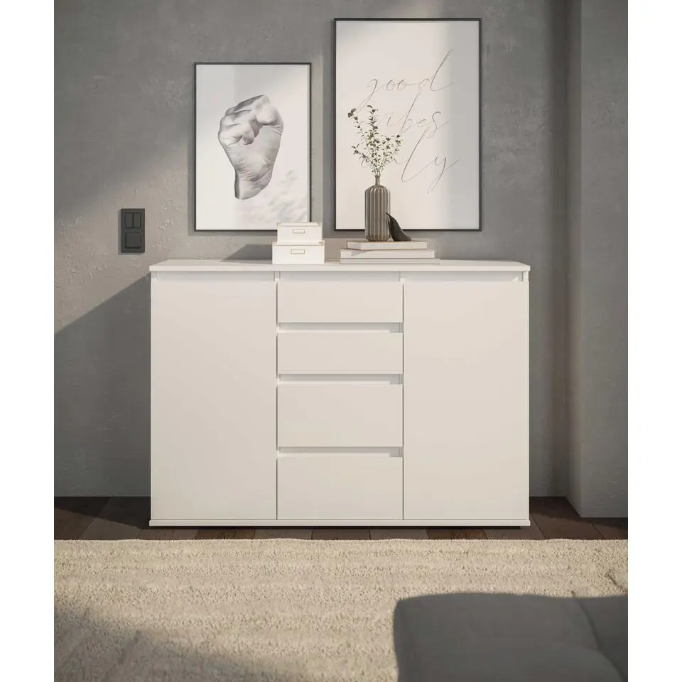 Dressoir Brest - 119x35x84cm - 2 deuren; 4 lades - wit